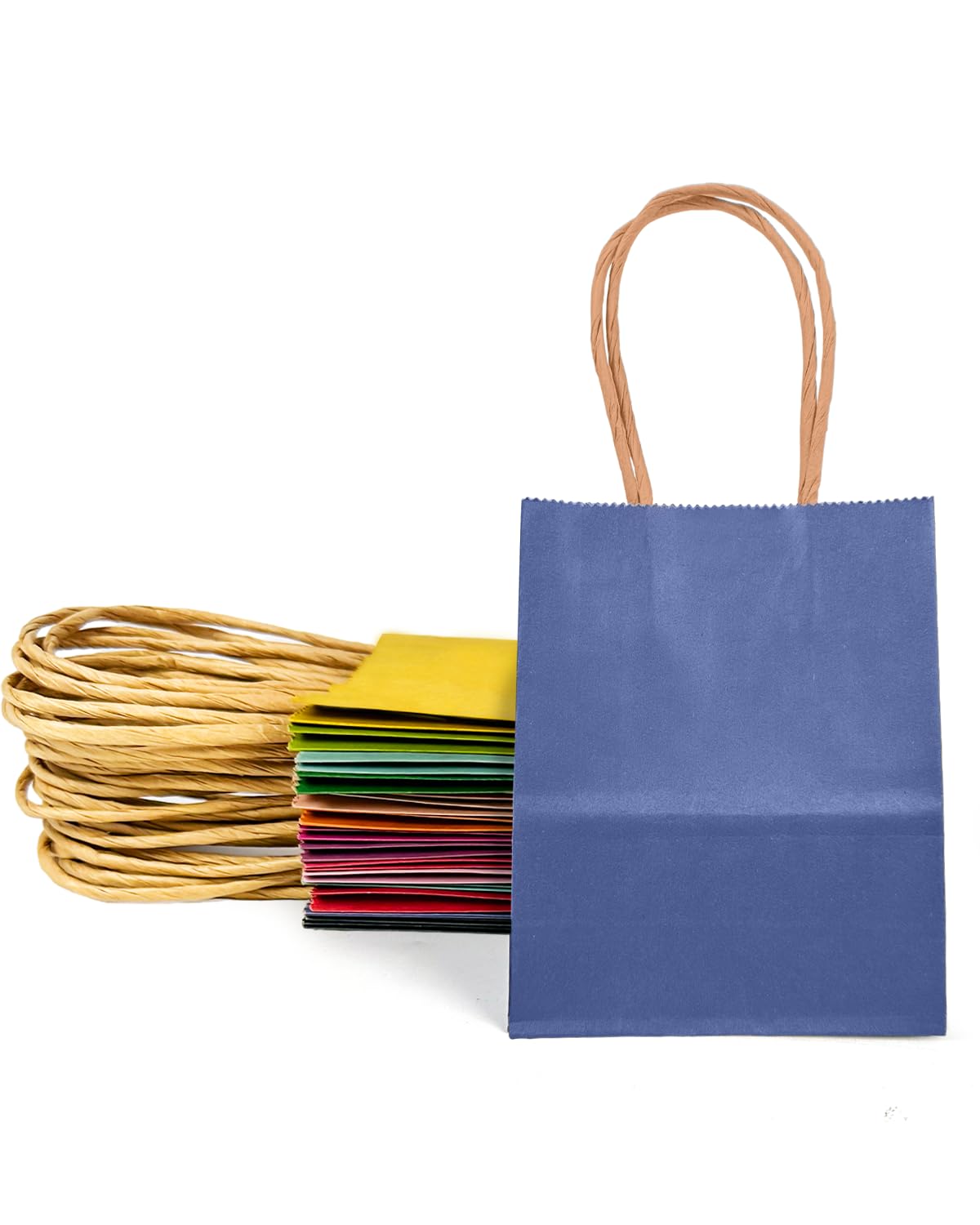 qiqee 100Pcs Mini Size Paper Gift Bags with Handles - 4.5"×2.5"×6" Kraft Small Party Bags - 16 Solid Colors