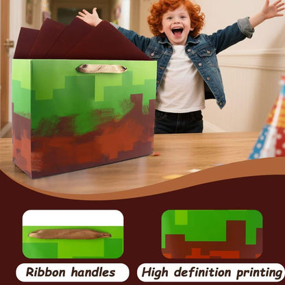 Jadsmpi 13" Large Pixel Gift Bags with Cards Tissue Paper,Green Wrapping Bag,Decoration Party for Boys Girls Kids Game Theme Birthday Gift Christmas Supplies