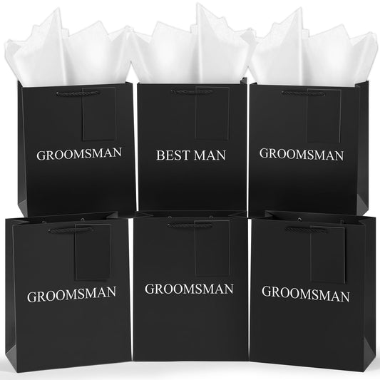Resholder 6 Pack Groomsmen Gift Bags with Tissue Paper DIY Best Man Proposal Favor Bag with Tag Bachelor Wedding Gifts for Groomsman Best Man Bachelor Party (Medium,Black White 1)
