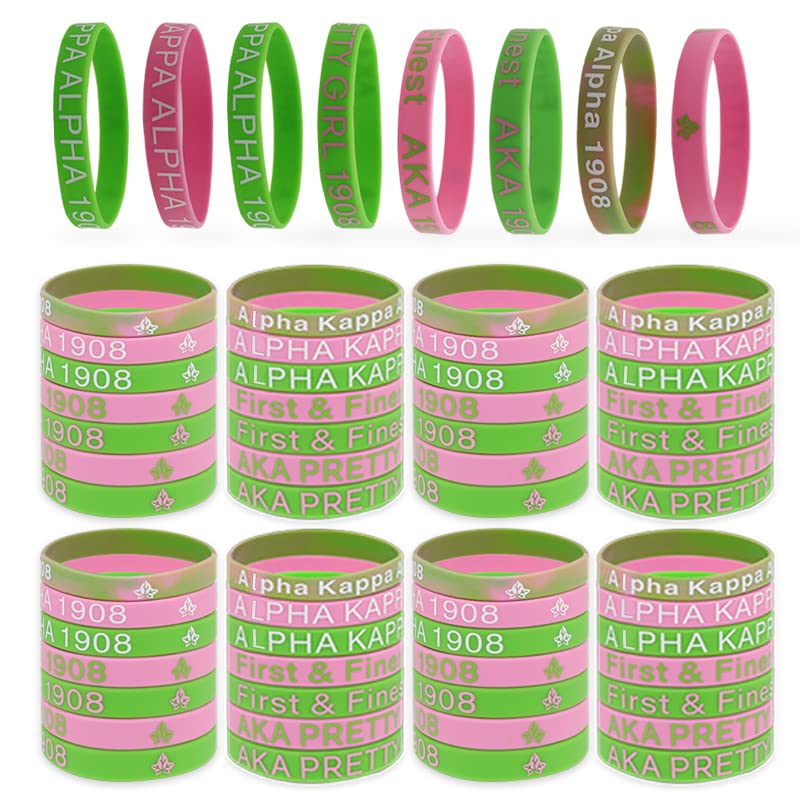 56 Pieces AKA Bracelet - AKA Sorority Gifts For Women - AKA Gadgets For Alpha Kappa Alpha - AKA Silicone Bracelet Charms Paraphernalia Wristbands - Salmon Pink And Apple Green