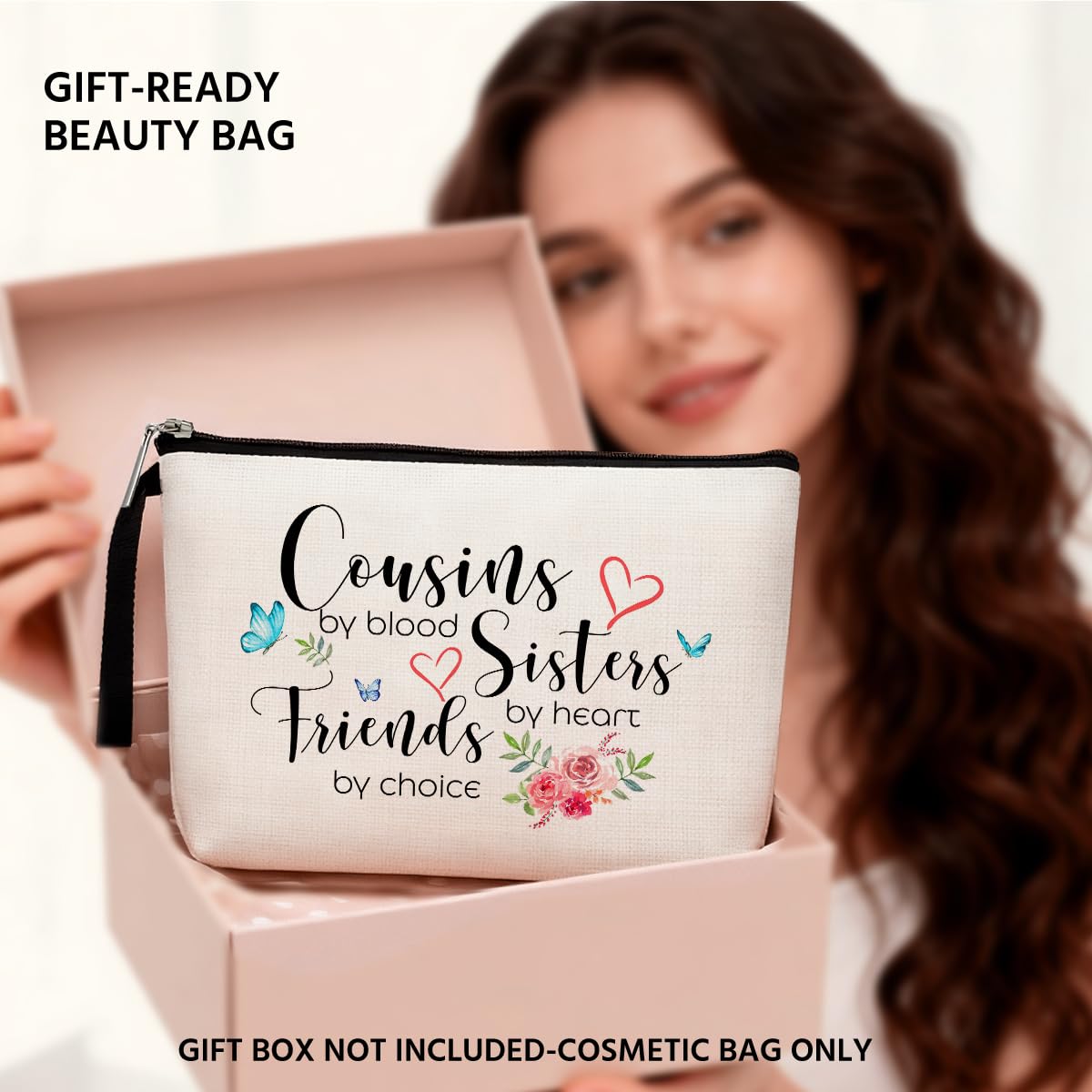 Cousin Gifts for Women, Cousin Birthday Gift Cousins by Blood, Sisters by Heart, Friends by Choice hanksgiving Christmas Graduation Wedding Gifts for Women, Girl, Her Cousin Makeup Bag