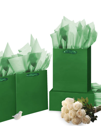 Gcardist Dark Green Gift Bags with Tissue Paper for Wedding, Birthday, Party Supplies-7.9"x4.3"x9.6" Medium Size Cardboard Gift Bags（5pcs Bags + Tissue Paper ）