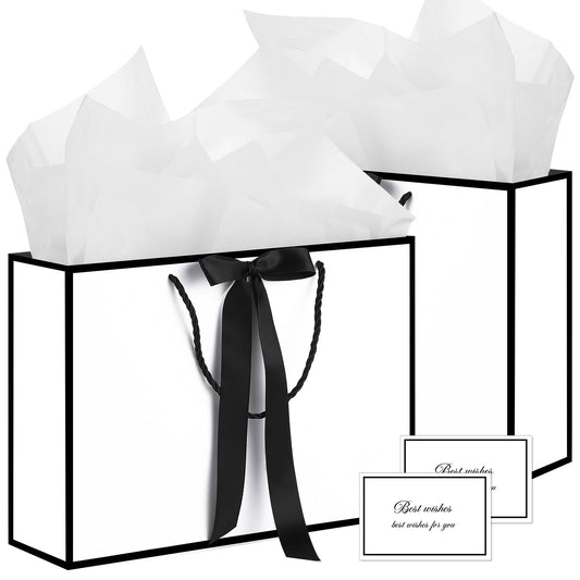 woric White Gift Bags with Handles, 14" Medium Gift Bag with Tissue Paper, 2 Pcs Gift Bags with 4 Tissue Paper and 2 Cards for Graduation Father's Day Wedding Bridal Shower Birthday Party