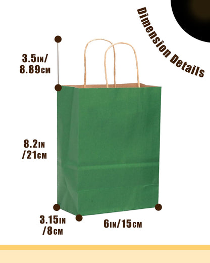 qiqee 50-Packs Gift Bag with Handles Bulk Kraft Deep Green Paper Bags Multiple Uses (8.3"x3"x6"inch Small Size)