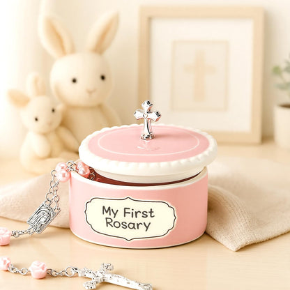 Baptism Gifts for Girl - My First Rosary with Ceramic Keepsake Box, Catholic Christening Gift Set, Pink Rosary for Kids, Baptism, First Communion & Baby Dedication Gifts for Newborn Baby Girls