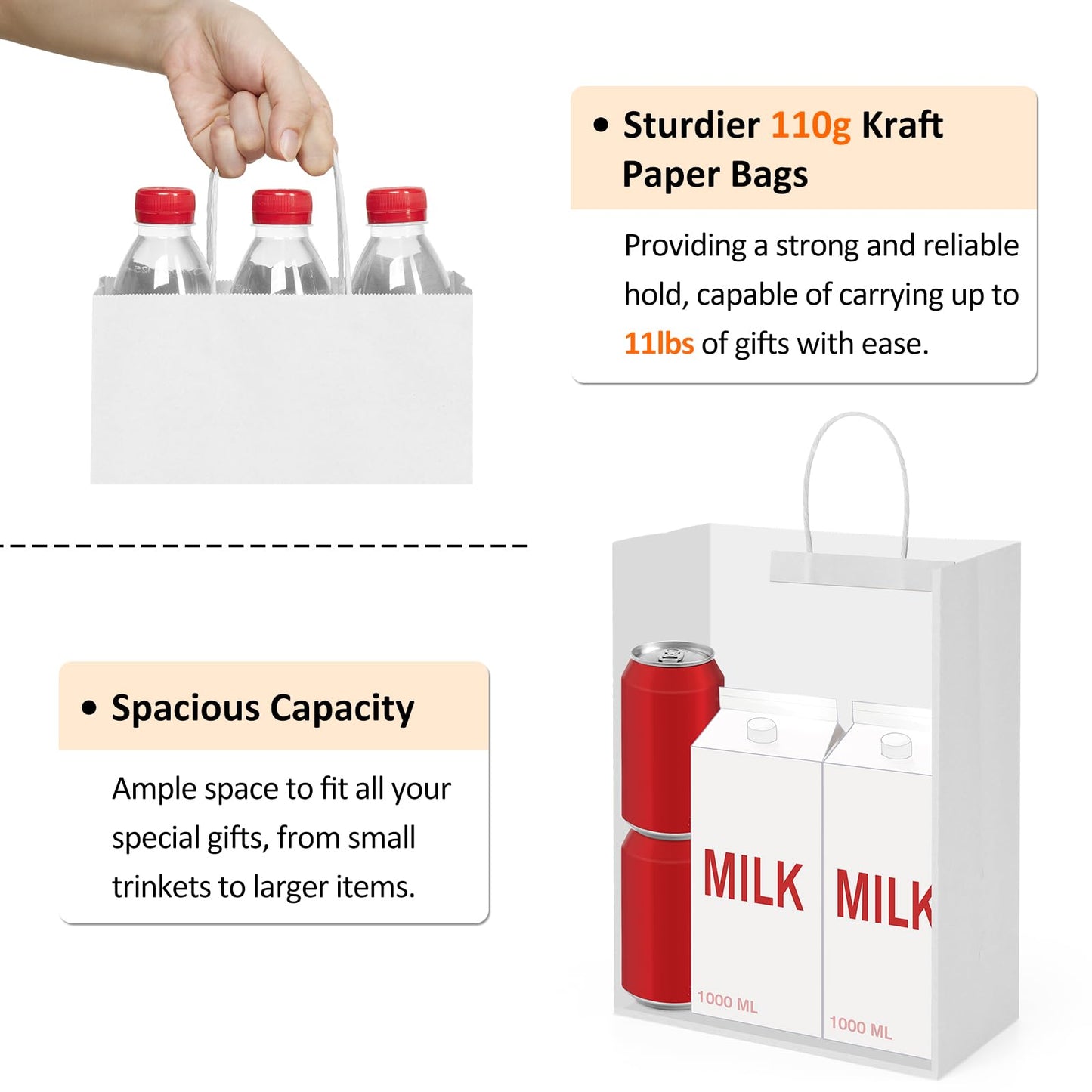 BagDream 10x5x13 25Pcs Gift Bags White Paper Shopping Bags with Handles Bulk, for Retail, Merchandise, Party Favor, Recyclable Paper Sacks