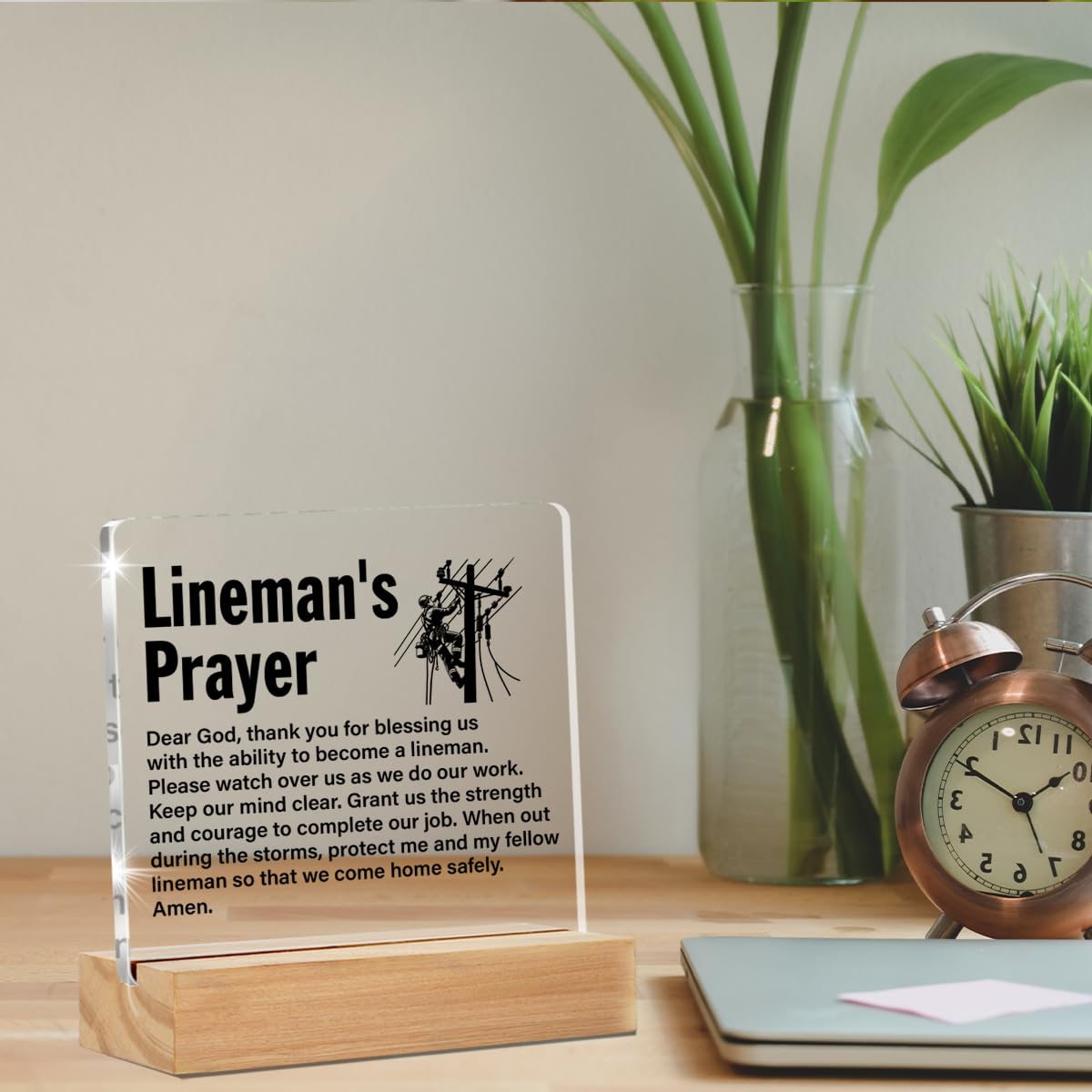 Lineman Gifts, Graduation Gift for Line Worker, Lineman Prayer Clear Desk Decorative Sign Home Office Acrylic Decor