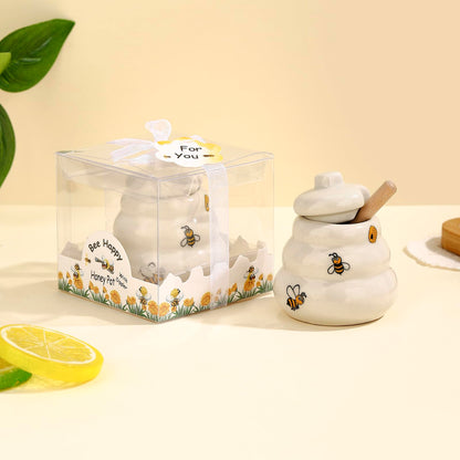 12 Sets Ceramic Bee-Happy Honey Pot with Dipper，Honey Jar Serving Set with Exquisiting Package for Wedding Favor,Bridal Shower Favor, Baby Shower Favor，Party Favor (12)