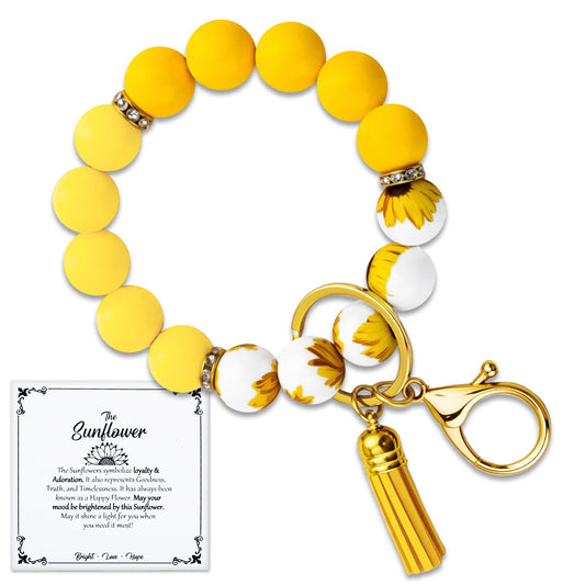 Sunflower Bracelet Gifts for Women Yellow Gifts for Women Sunflower Car Accessories Silicone Beaded Wristlet Keychain Yellow Sunflower Bracelet for Sunflowers Lovers