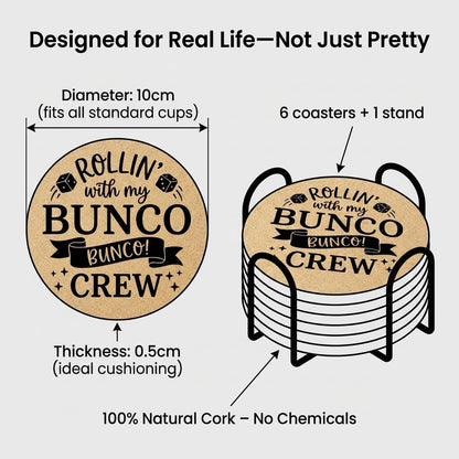 Bunco Coasters Set of 6 with Holder, Funny Bunco Game Cork Drink Coasters for Bunco Night Party, Bunco Gifts Table Decor for Game Players