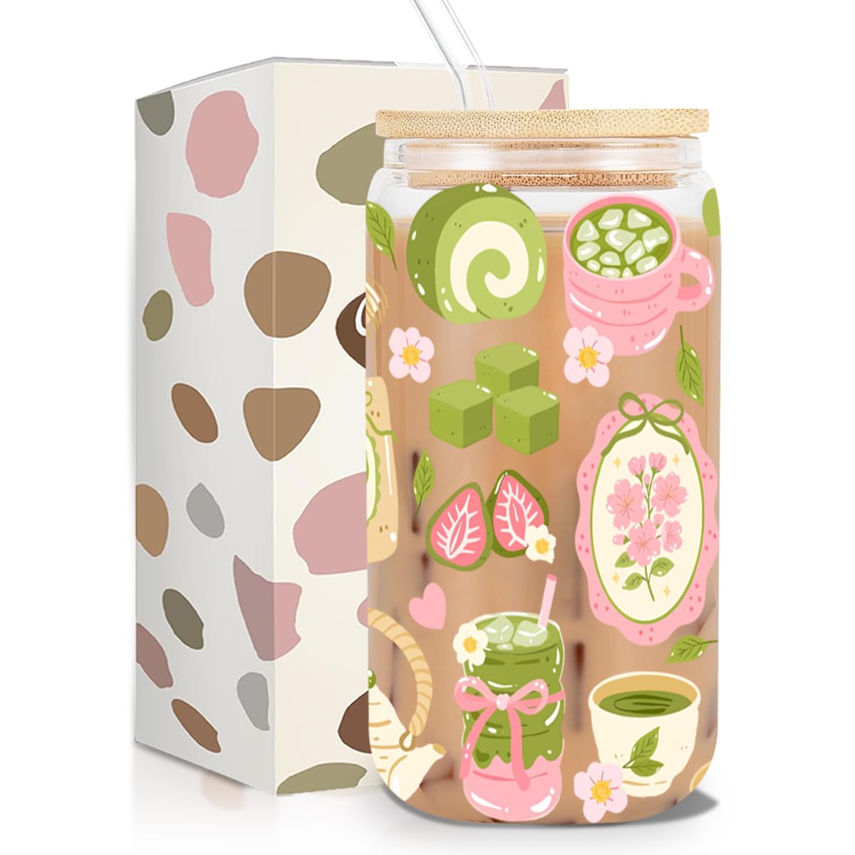 Matcha Girly Glass Cup, Matcha Lovers Gift, Kawaii Latte Girly Glass Tumbler, 16 oz Cafe Aesthetic Iced Coffee Cup with Lid Straw