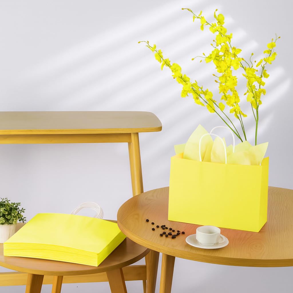 SUNCOLOR Yellow Gift Bags with Handles, 13x10x5.5 Inch Large Paper Bags for Birthday Party Wedding Shopping, 25 Pack