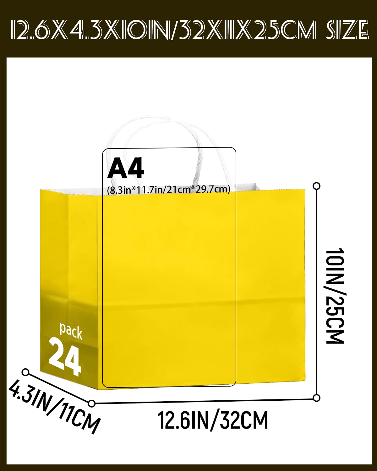 qiqee 24PCS Large Gift Bag with Handles Bulk 13"x4.5"x10" Gift Bags Bright Yellow Bags Multiple Uses (32x11x25cm,Wide Large)