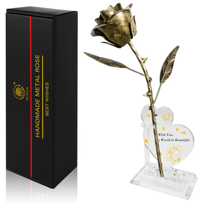 Handmade Bronze Rose - Bronze for Her (8th & 19th) - Dual Photo Stands Metal Art Sculpture