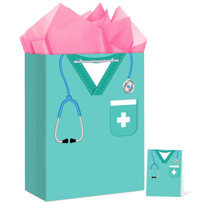 Hooqict Large Nurse Graduation Gift Bag Nurse Gift Wrap Bag with Handles, Tissue Paper, Greeting Cards for Her Women New Grad Nursing Student Medical School Graduation Party Gifts Supplies