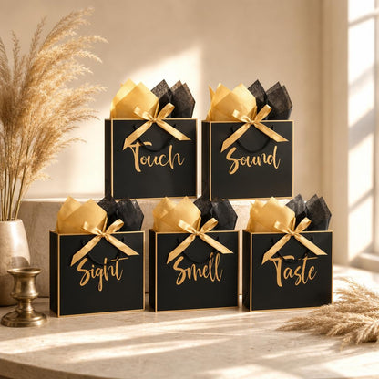 Large 5 Senses Gift Bags for Him Her, Gold Foil Sight Smell Touch Taste Sound Gift Bags,Five Senses Gift Bag for Him with Handles and Tissue Paper for Birthday, Mothers Day, Anniversary, Christmas12 x 10 x 4 Inch (Black)