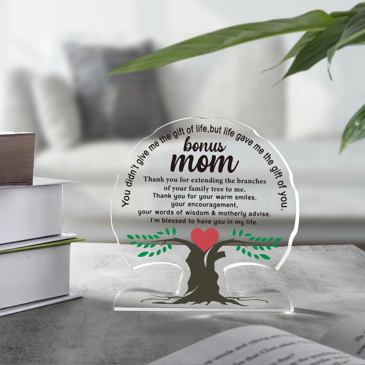Bonus Mom Gifts from Daughter Son, Birthday Gift for Step New Mom, Stepmother, Mother, Unique Thank You Mom Gifts Acrylic Tree Desk Signs Home Decor Plaque, Mothers Moms Day Gift