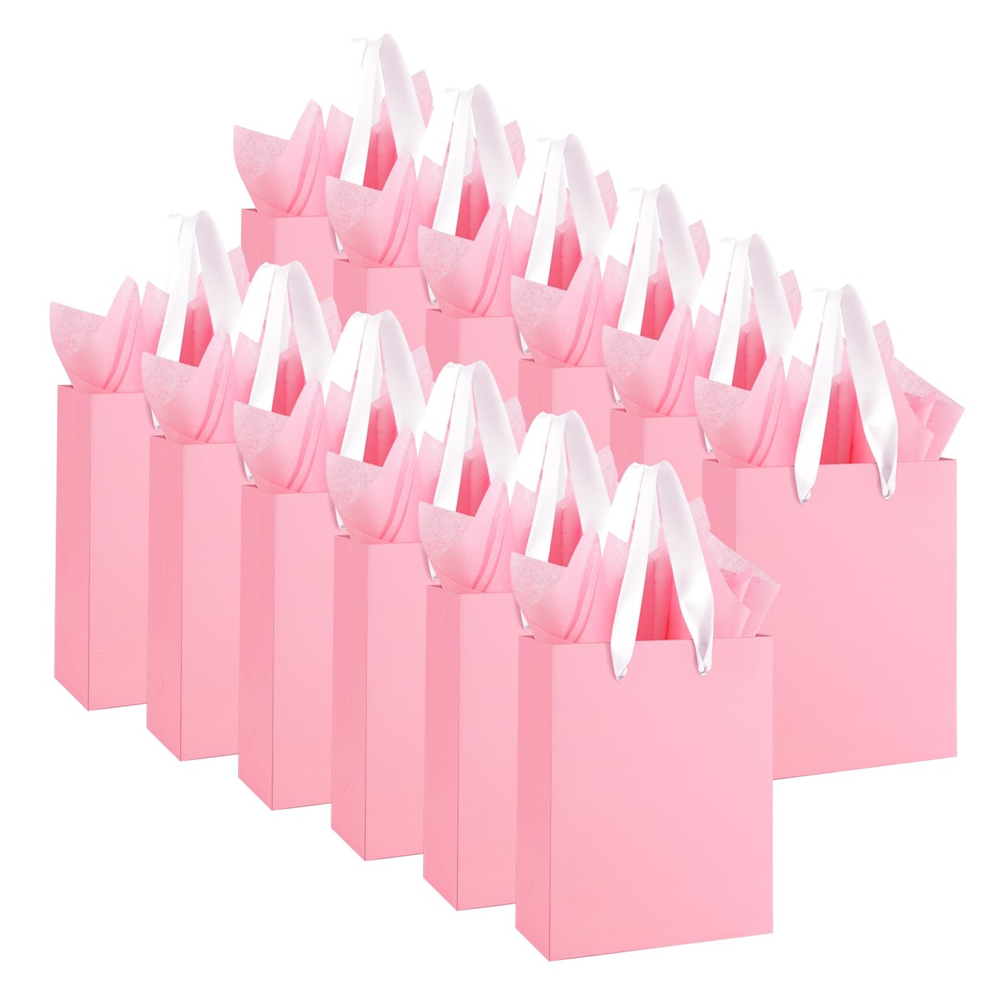 Ethhqu 12-Pack Small Pink Gift Bags with Handles - Includes 24 Tissue Papers, 6.3x4.7x2.4 Inches Mini Gift Card Bag for Birthday Party, Baby Shower, Wedding, Holiday