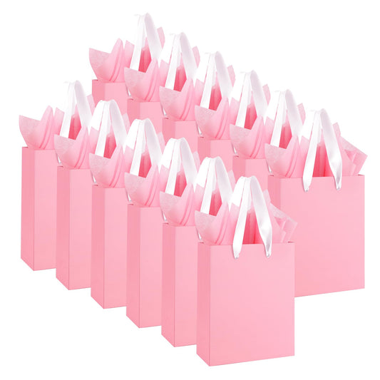Ethhqu 12-Pack Small Pink Gift Bags with Handles - Includes 24 Tissue Papers, 6.3x4.7x2.4 Inches Mini Gift Card Bag for Birthday Party, Baby Shower, Wedding, Holiday