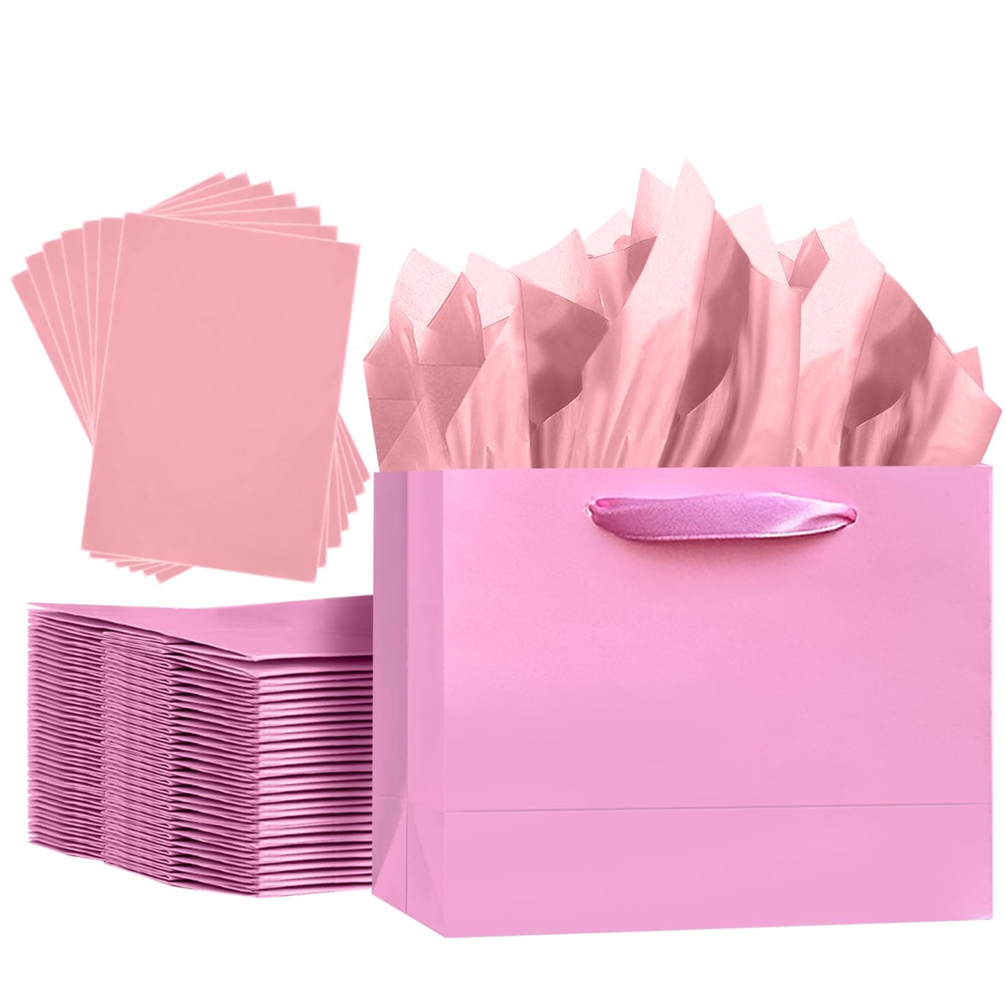 qiqee 5PCS Pink Gift Bags with Ribbon Handles 9.6"x7.9"x4.3" Medium Size Gift Bags (Tissue Paper included, Medium Wide)