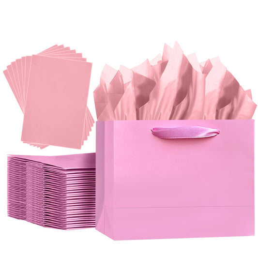 qiqee 5PCS Pink Gift Bags with Ribbon Handles 9.6"x7.9"x4.3" Medium Size Gift Bags (Tissue Paper included, Medium Wide)