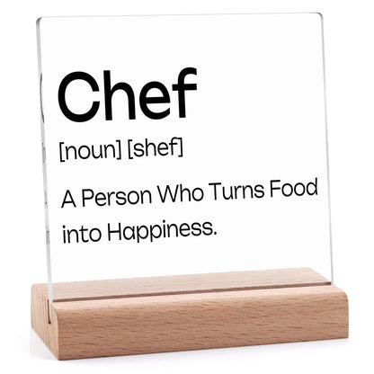 Chef Gifts for Women Men Clear Desk Decorative Sign Funny Gifts for Chef Home Dining Room Restaurant Kitchen Decor Sign Acrylic Plaque with Wooden Stand Housewarming Gift for Friend Coworkers