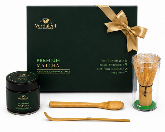 Verdaleaf USDA Organic Matcha Gift Box – 50g Ceremonial Grade Japanese Matcha with Bamboo Whisk & Scoop – Premium Matcha Starter Kit