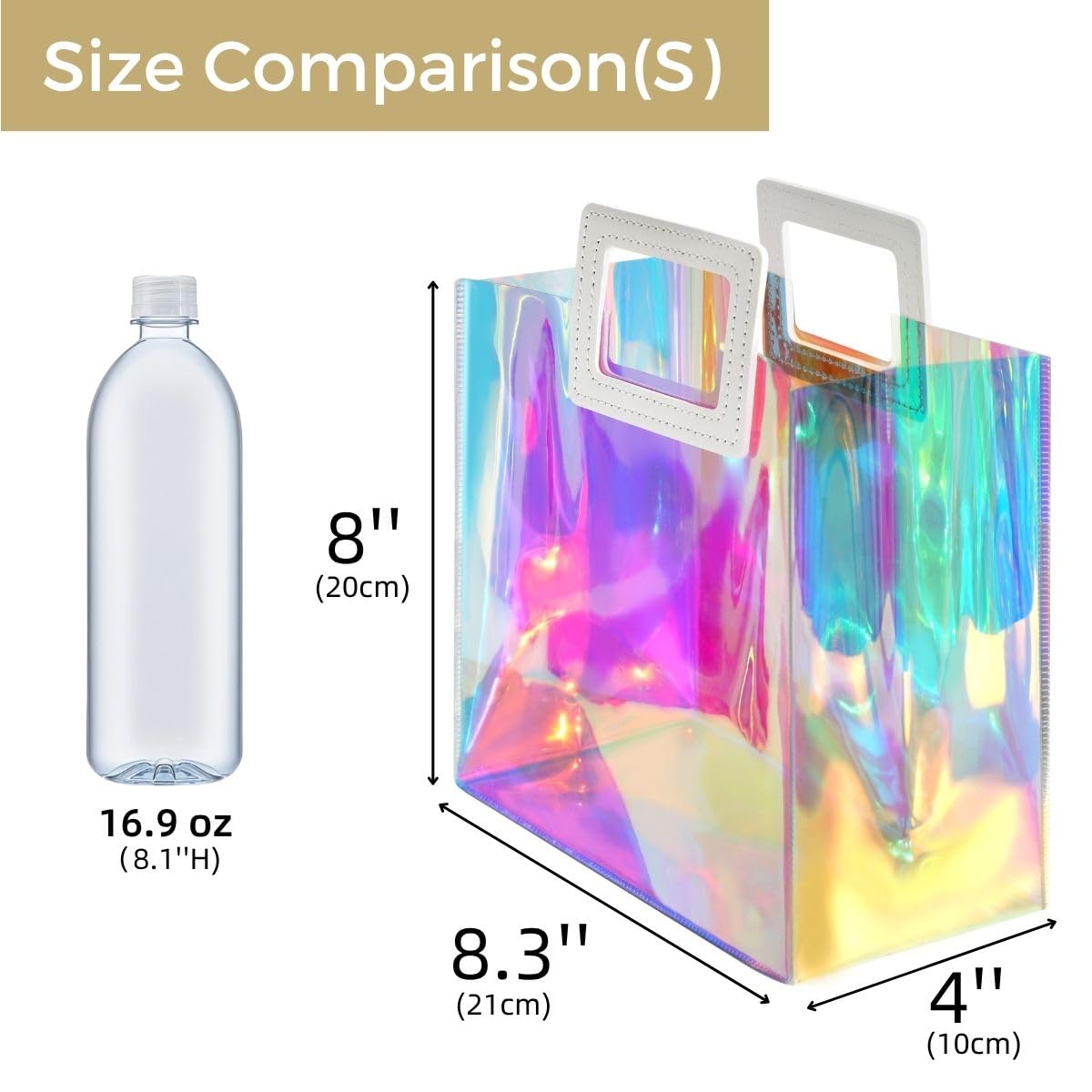 VUOJUR Holographic Small Gift Bag 8.3x8x4'' Clear Reusable Birthday Gift Bag for Women Girls Iridescent Bachelorette Wedding Christmas with Handle