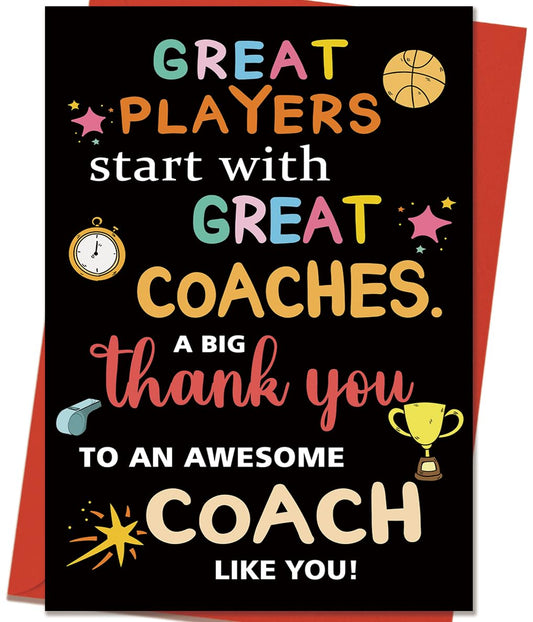 Thank You Coach Card for Men Women, Basketball Baseball Volleyball Pool Football Coach Appreciation Gifts, Great Players Start With Great Coaches