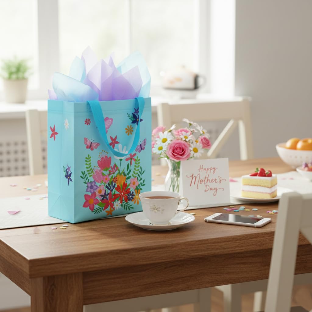 SUNCOLOR Mother's Day Gift Bags with Tissue Paper, Floral Design Non-Woven Material, 10x8x4.7 Inches, Pink and Blue, 2 Pack