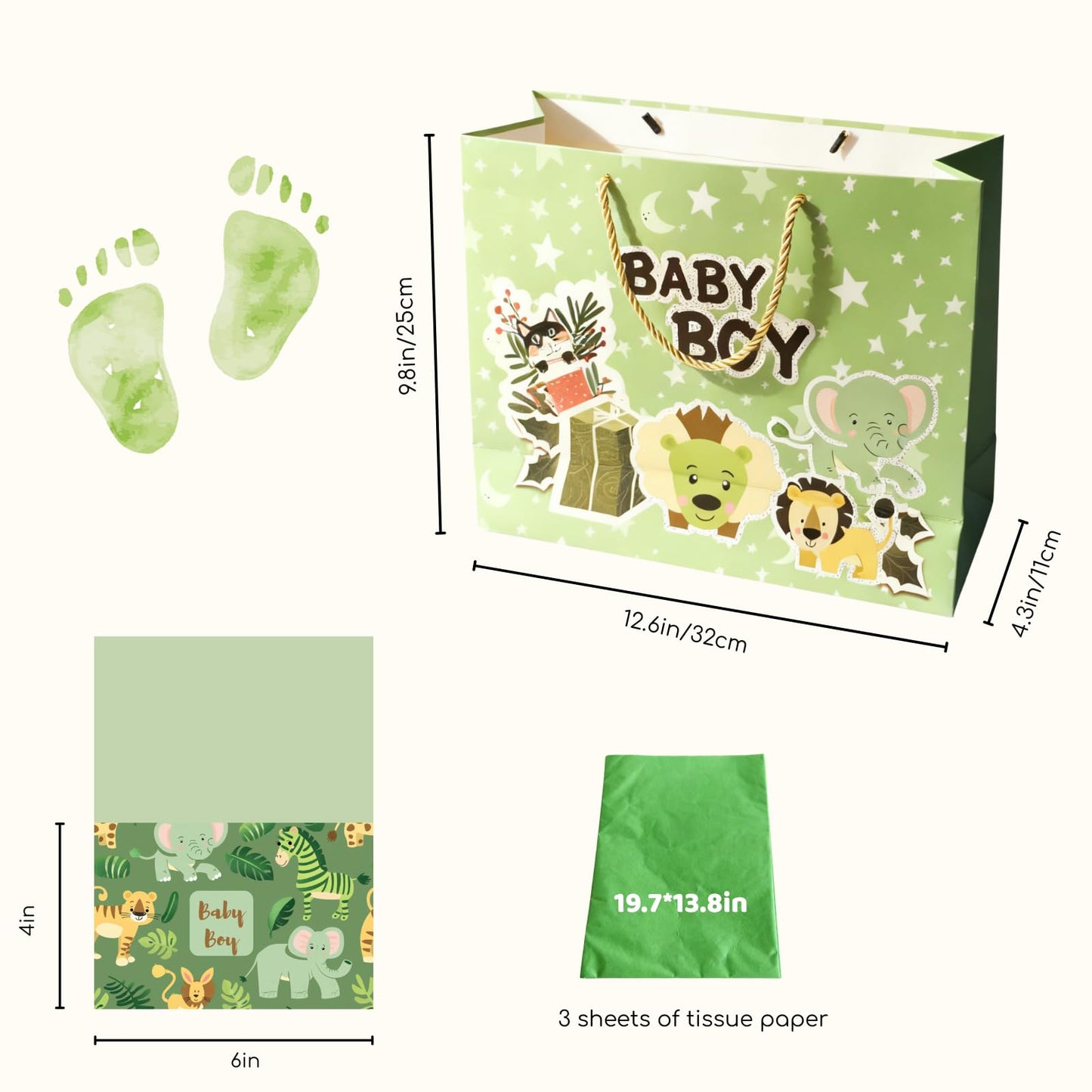 DiffyGo 13" Large Baby Gift Bag for Baby Shower with Tissue Papers and Card (Green)