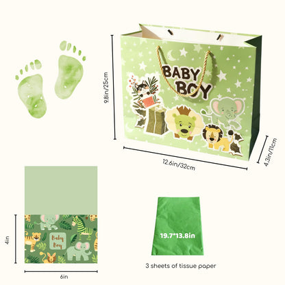 DiffyGo 13" Large Baby Gift Bag for Baby Shower with Tissue Papers and Card (Green)