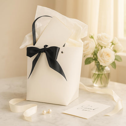 HUIYOULAI Classic White Small Gift Bag Set with Card, Tissue Paper & Ribbon Tie - 11x8x4 Premium Paper Bag for Birthday, Wedding, Bridal Shower, Luxe Favors
