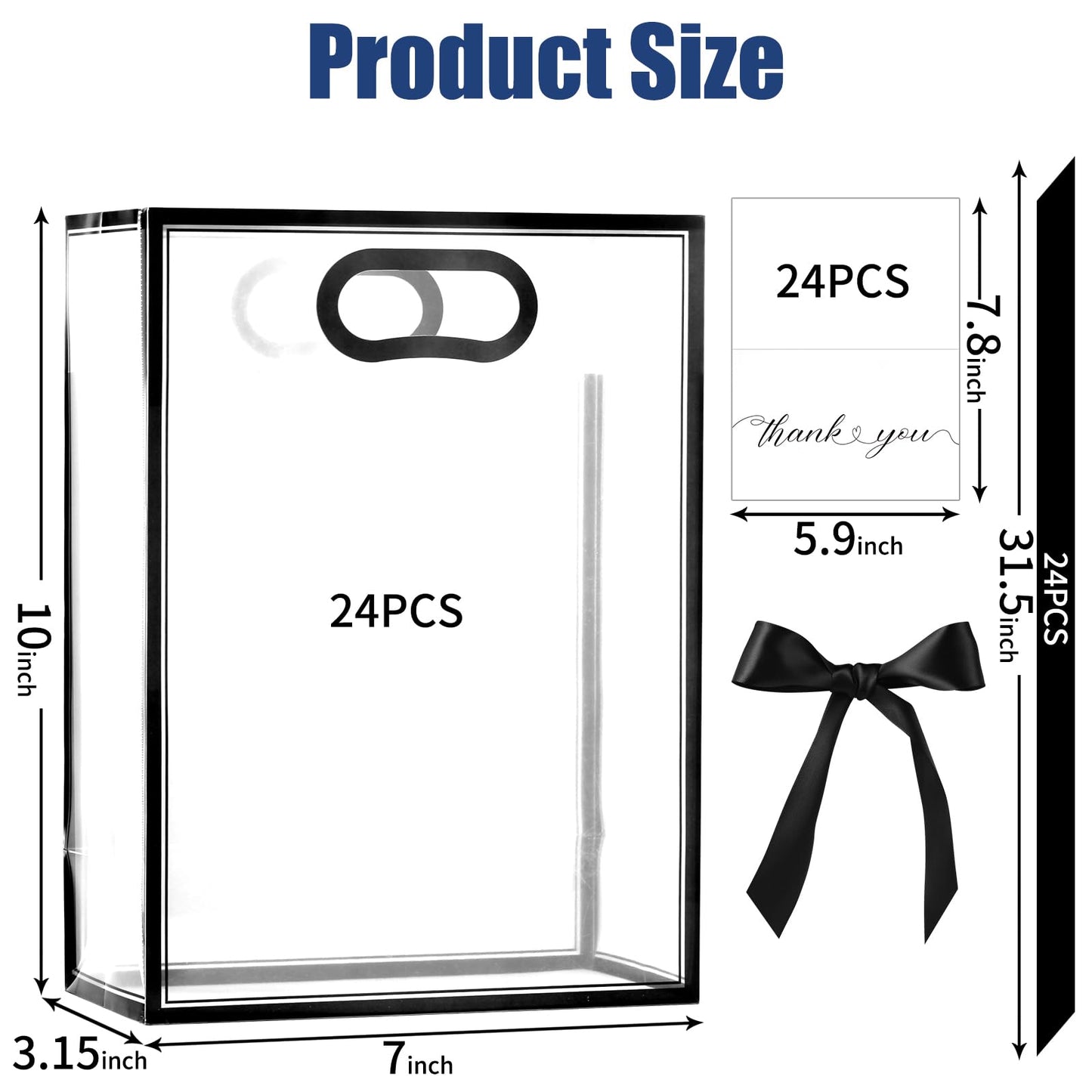 GAWBYET 24 Pcs Clear Plastic Gift Bags with Handles, Reusable Party Favor Bags With ribbons and cards for Mother's Day, Birthday, Wedding,Bachelorette Party,(7 x 10 x 3.15 Inch)