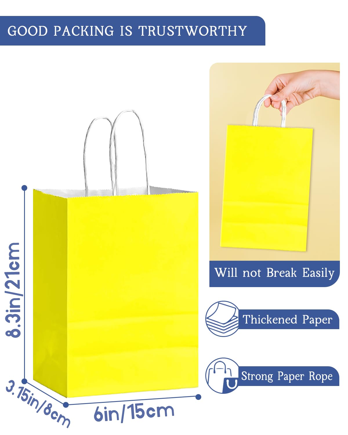 Bakepacker 24Pcs Paper Gift Bag with Handles Bulk Yellow Paper Bags Multiple Uses (8.3"x6"x3.15", Small Size)