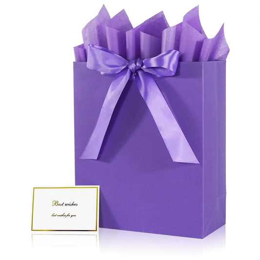 Elegant Purple Gift Bag 10.2"x4.7"x12.2" with Ribbons Handles, Includes Card and Tissue Papers for Weddings, Birthdays, Baby Shower, Parties, Holidays