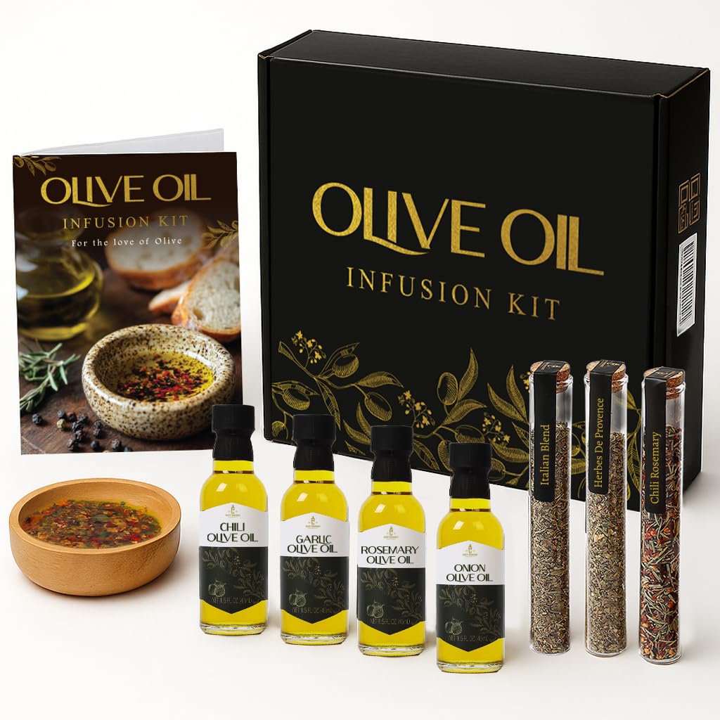 Infused Olive Oil Gift Set – Variety Pack - 4 Flavored Olive Oil Extra Virgin, 3 Spice Flavorful Infusion Blends, Bread Dipping Bowl & Recipe Booklet - Set of 8 – Gourmet Cooking Gifts for Women - Mothers Day Gifts For Mom