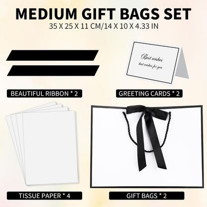 woric White Gift Bags with Handles, 14" Medium Gift Bag with Tissue Paper, 2 Pcs Gift Bags with 4 Tissue Paper and 2 Cards for Graduation Father's Day Wedding Bridal Shower Birthday Party