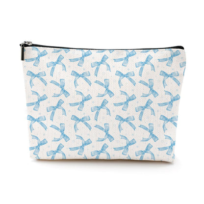 Coquette Makeup Bag Trendy Teen Girls Gifts Blue Bow Pouch Bag Gift for Women Aesthetic Cosmetic Bag Preppy Stuff Trendy Preppy Makeup Bag Funky Zipper Travel Toiletry Bag