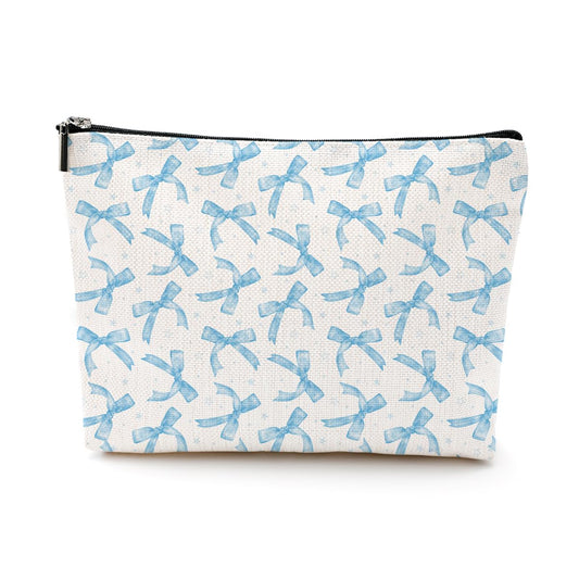 Coquette Makeup Bag Trendy Teen Girls Gifts Blue Bow Pouch Bag Gift for Women Aesthetic Cosmetic Bag Preppy Stuff Trendy Preppy Makeup Bag Funky Zipper Travel Toiletry Bag