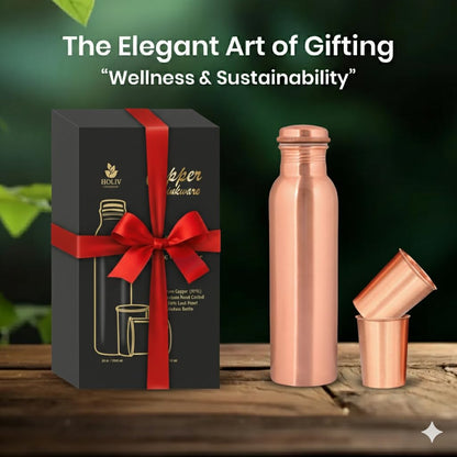 Pure Copper Water Bottle and 2 Tumblers Set - 3 Piece Handcrafted Drinkware Gift Set | 34 Oz Bottle + Two 10 Oz Cups | Jointless Leakproof Ayurvedic Wellness & Hydration