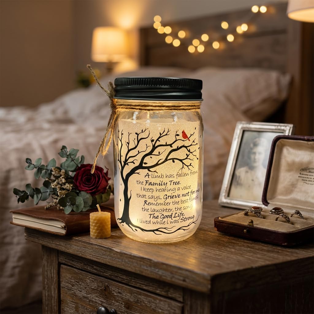 Memorial Gifts Mason Jar Light, Red Cardinal - Memory Gifts for Loss Loved Ones, Bereavement Gift Idea, A Limb Has Fallen From Our Family Tree (Red Cardinal)