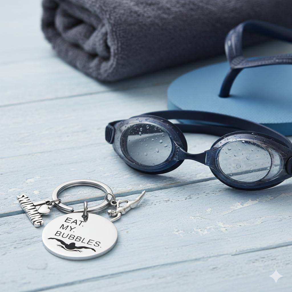 Swimming Keychain – Inspiratiional Keychains Bag Charms for Women with EAT. MY. BUBBLES. Quote, Cool Key Chains Gifts for Swimming Lovers, Swimmers, Swim Teams