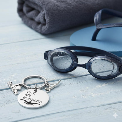 Swimming Keychain – Inspiratiional Keychains Bag Charms for Women with EAT. MY. BUBBLES. Quote, Cool Key Chains Gifts for Swimming Lovers, Swimmers, Swim Teams