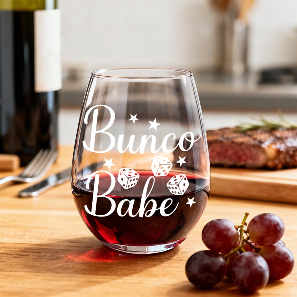 Bunco Babe Funny Stemless Wine Glass for Women, Bunco Party Supplies, Dice Game Night Group Gifts for Women Men Players Sisters Friends, Birthday Christmas Bachelor Gifts for Game Lover Coworker