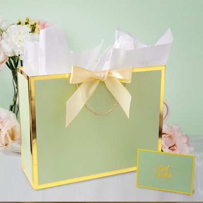 Plauthus Sage Green Gift Bag with Ribbon, 13" Large Gift Bag with Handle, Greeting Card & 2 Tissue Paper（Gold Foil Frame） for Baby, Baby Shower, Weddings, Bridal Showers, Engagements, Any Occasion