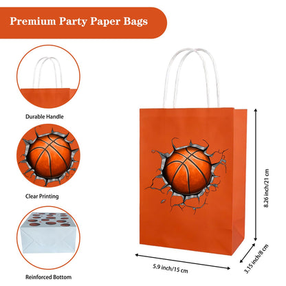 Kiooaci 24 Pcs Basketball Gift Bags, Basketball Paper Goodie Treat Candy Party Favor Bags with handle for Team Birthday Theme Party Supplies