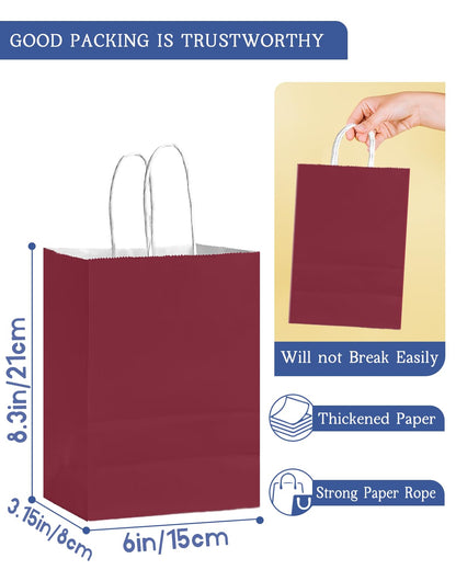 Bakepacker 24Pcs Paper Gift Bag with Handles Bulk Wine Red Paper Bags Multiple Uses (8.3"x6"x3.15", Small Size)