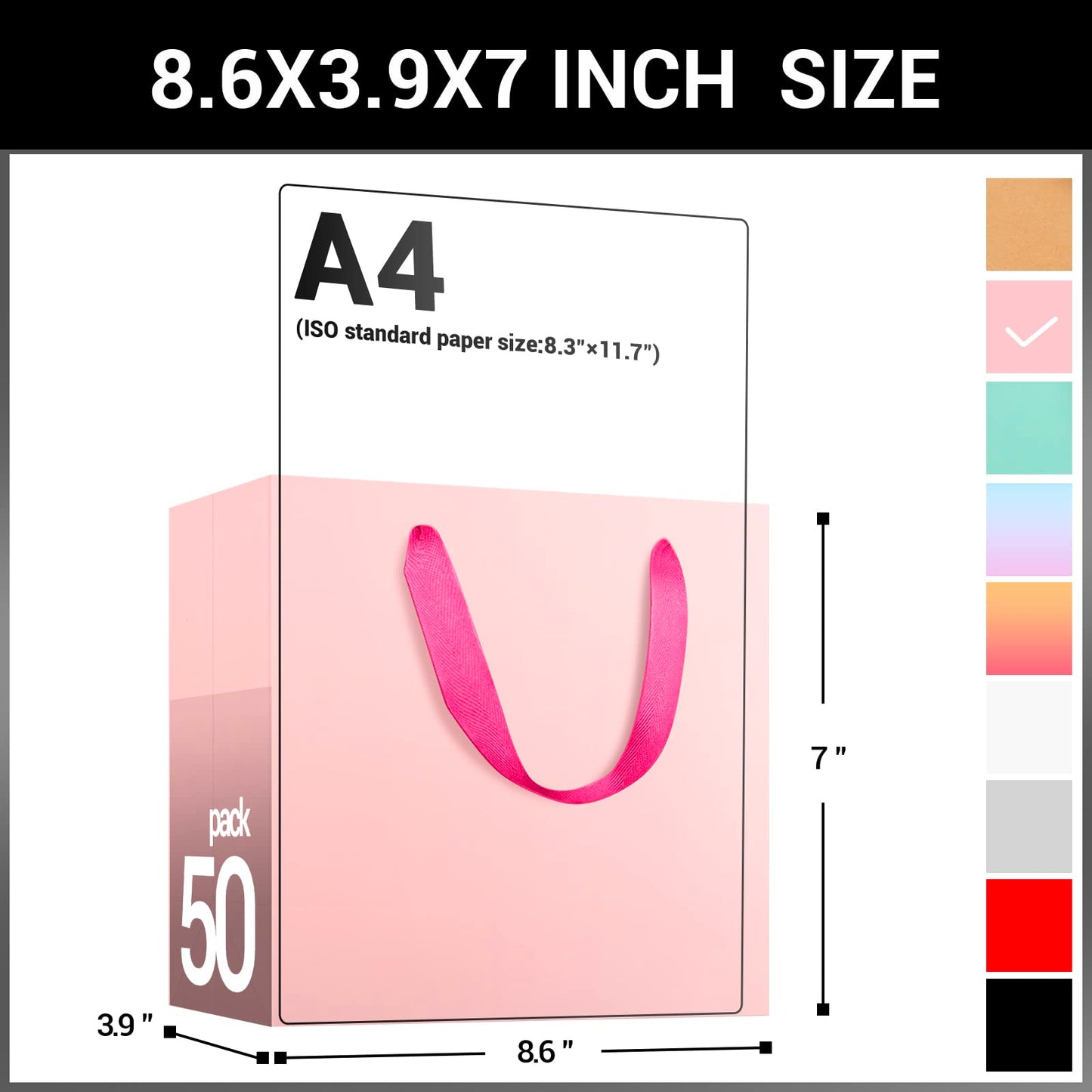 EUSOAR Small Pink Gifts Wrap Bags, 50 Pack 8.6x3.9x7 inches Shopping Bags with Handles Bulk, Party Favor Wrapping Bags for Wedding, Craft Grocery, Boutique, Retail, Business