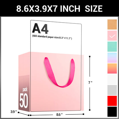 EUSOAR Small Pink Gifts Wrap Bags, 50 Pack 8.6x3.9x7 inches Shopping Bags with Handles Bulk, Party Favor Wrapping Bags for Wedding, Craft Grocery, Boutique, Retail, Business